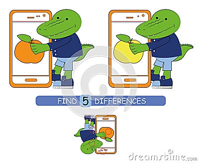 Find differences between pictures. Vector cartoon educational game. Cute alligator. Vector Illustration